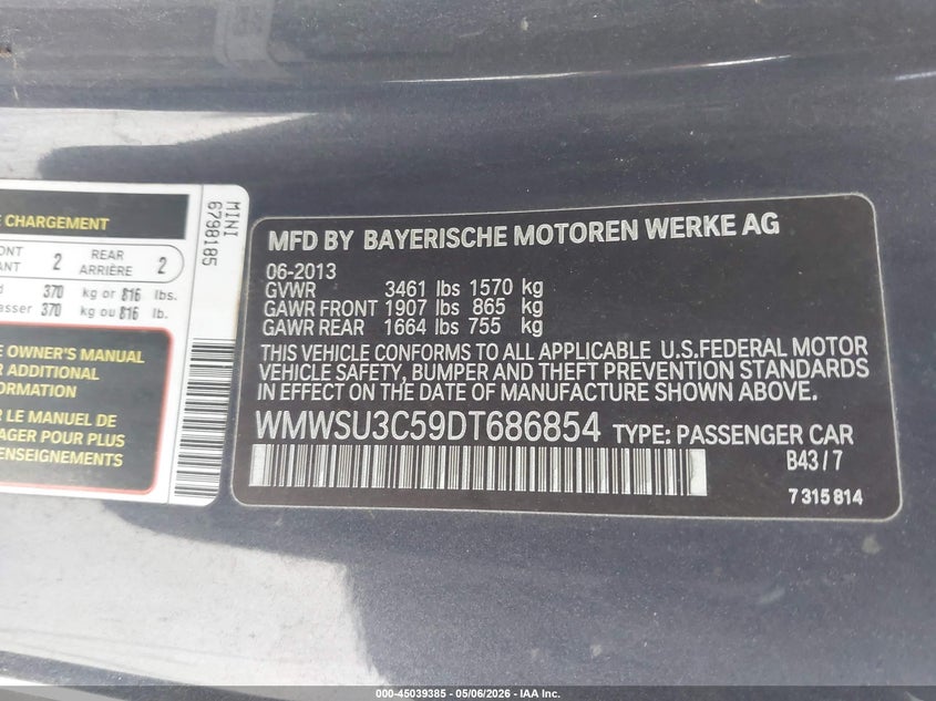 2013 Mini Hardtop Cooper VIN: WMWSU3C59DT686854 Lot: 45039385