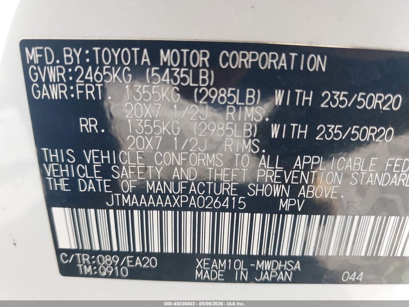 2023 Toyota Bz4X Limited VIN: JTMAAAAAXPA026415 Lot: 45039403