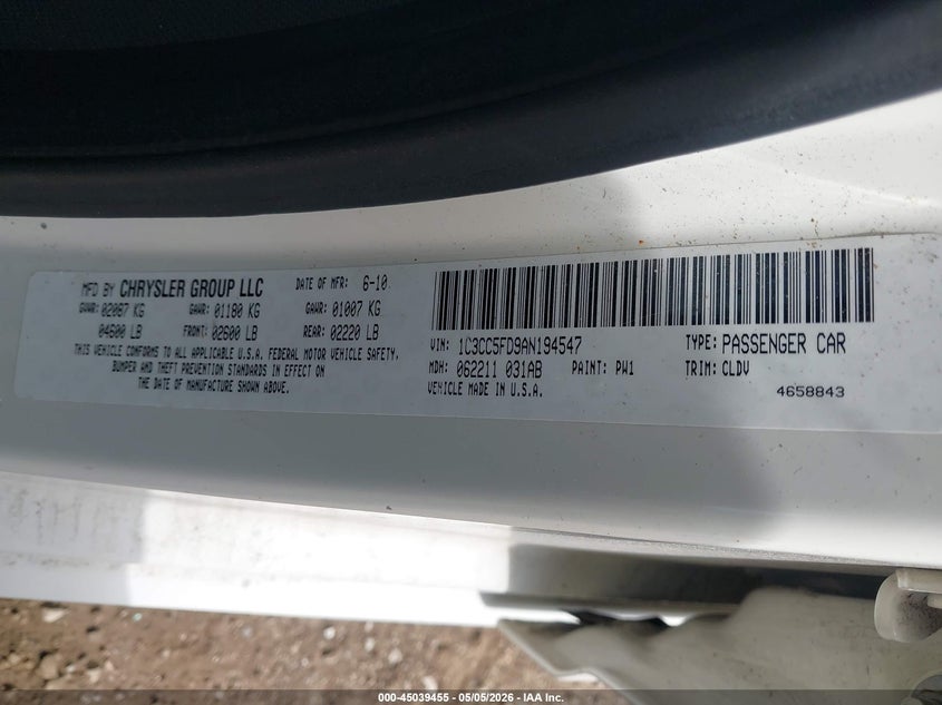 2010 Chrysler Sebring Limited VIN: 1C3CC5FD9AN194547 Lot: 45039455