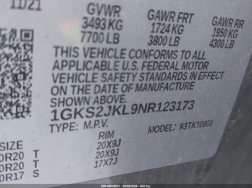 2022 GMC Yukon Xl 4Wd Denali VIN: 1GKS2JKL9NR123173 Lot: 45039831