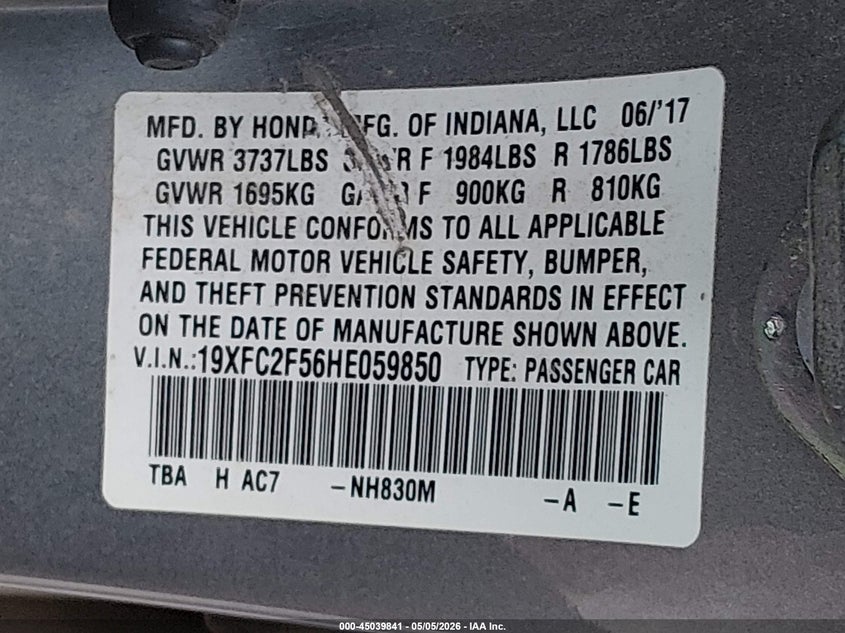 VIN 19XFC2F56HE059850 2017 HONDA CIVIC LX