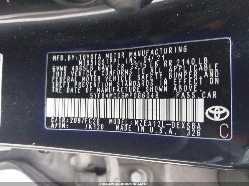 VIN 5YFS4MCE6MP086048 2021 TOYOTA COROLLA SE NIGHTSHADE EDITION