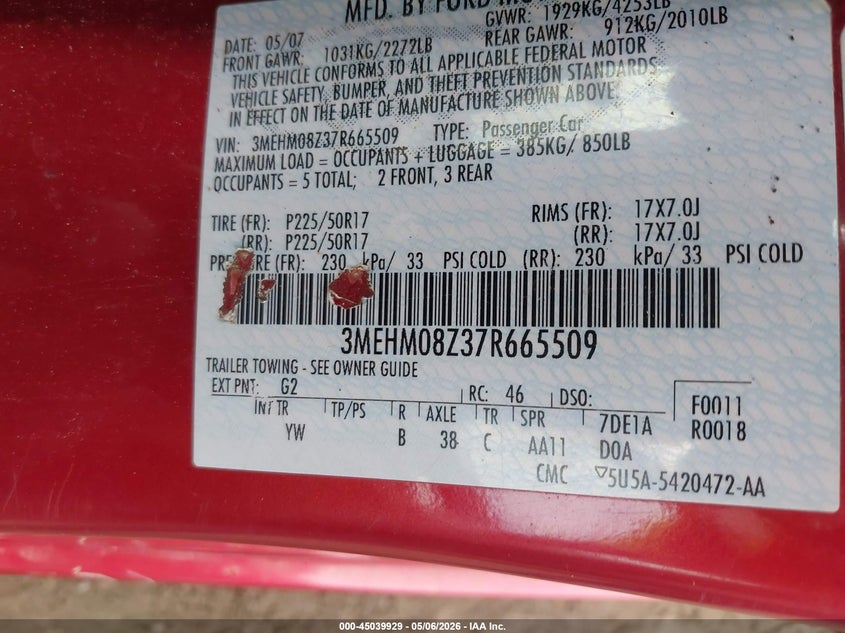 2007 Mercury Milan Premier VIN: 3MEHM08Z37R665509 Lot: 45039929