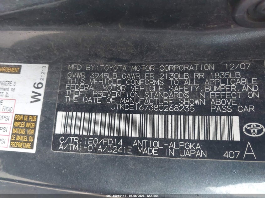 2008 Scion Tc VIN: JTKDE167380268235 Lot: 45040115