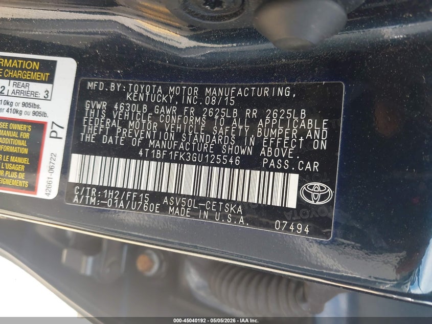 2016 TOYOTA CAMRY SEDAN 2.5L I-4 DOHC, VVT, 178HP