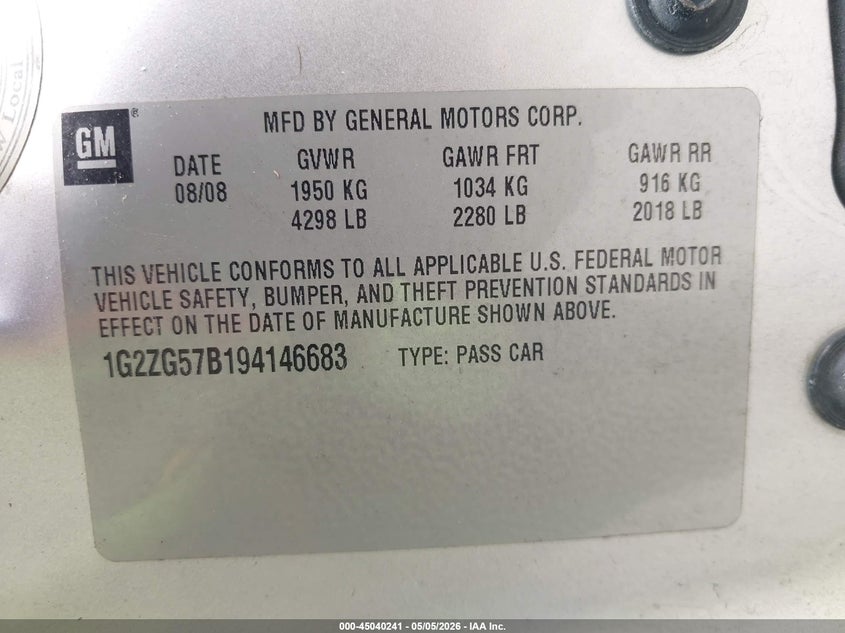 2009 Pontiac G6 VIN: 1G2ZG57B194146683 Lot: 45040241