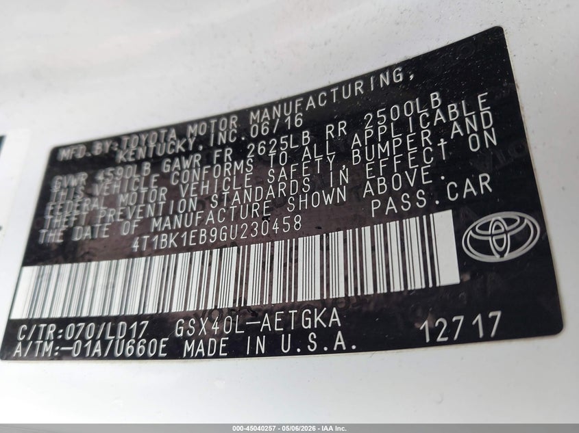 2016 Toyota Avalon Xle VIN: 4T1BK1EB9GU230458 Lot: 45040257