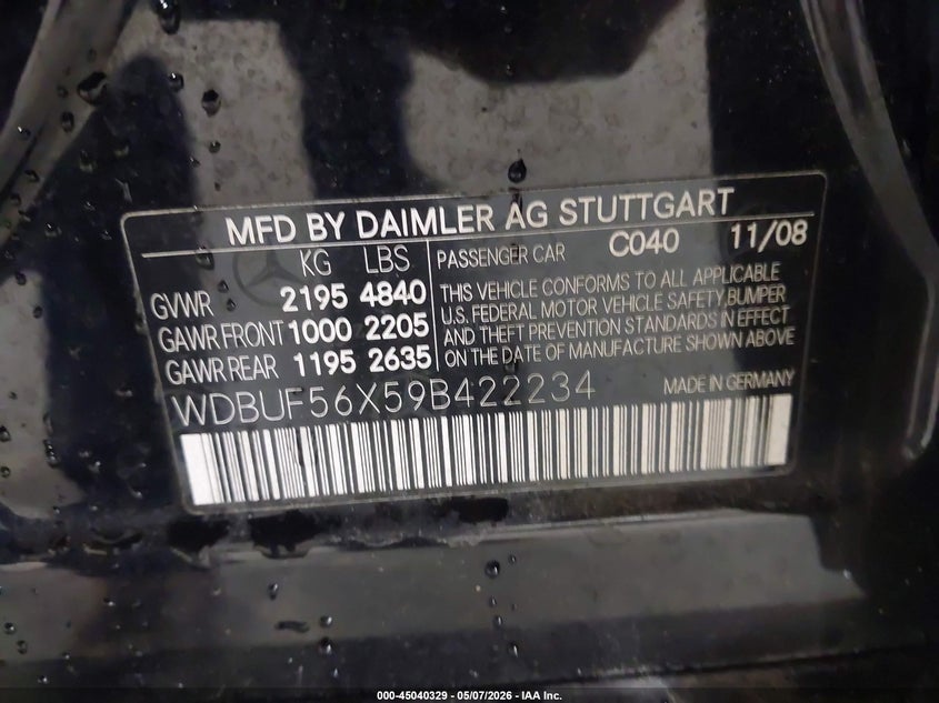 2009 Mercedes-benz E-class 3.5 E 350 Black Lot 111045040329 Vin WDBUF56X59B422234