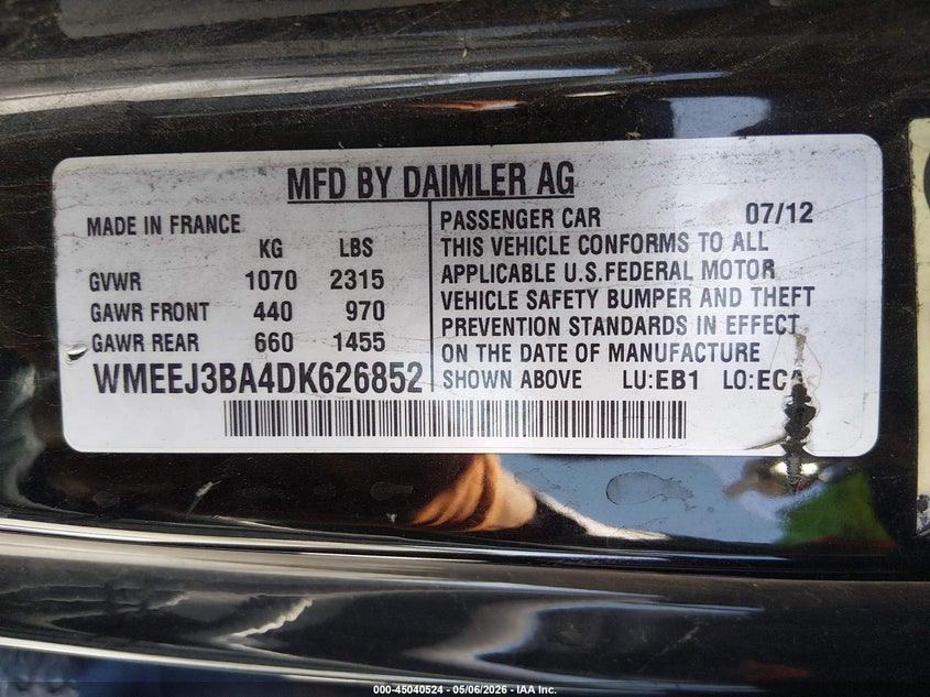 2013 Smart Fortwo Pure VIN: WMEEJ3BA4DK626852 Lot: 45040524
