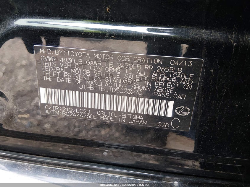 2013 Lexus Gs 350 VIN: JTHBE1BL1D5023270 Lot: 45040650
