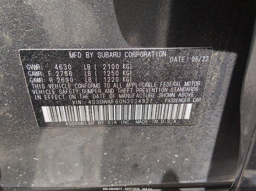 2022 Subaru Legacy Premium VIN: 4S3BWAF60N3024927 Lot: 45040673