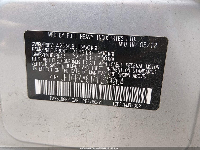 JF1GPAA61CH239264 2012 Subaru Impreza 2.0 2.0i Silver