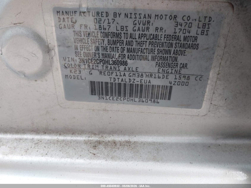VIN 3N1CE2CP0HL360986 2017 NISSAN VERSA NOTE SV