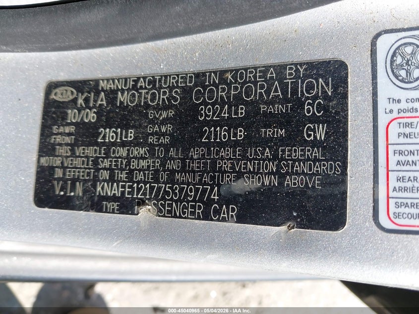 2007 Kia Spectra Ex VIN: KNAFE121775379774 Lot: 45040965