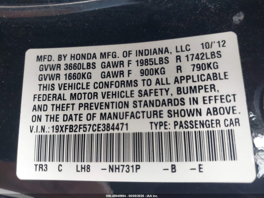 2012 Honda Civic 1.8 Lx Black Lot 111045040984 Vin 19XFB2F57CE384471
