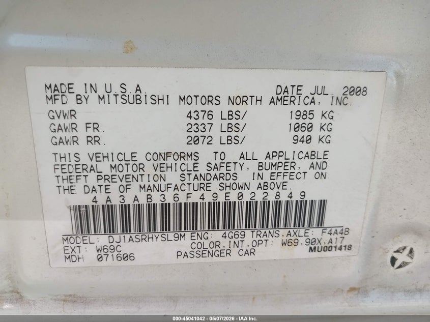2009 Mitsubishi Galant Es/Sport Edition VIN: 4A3AB36F49E022849 Lot: 45041042