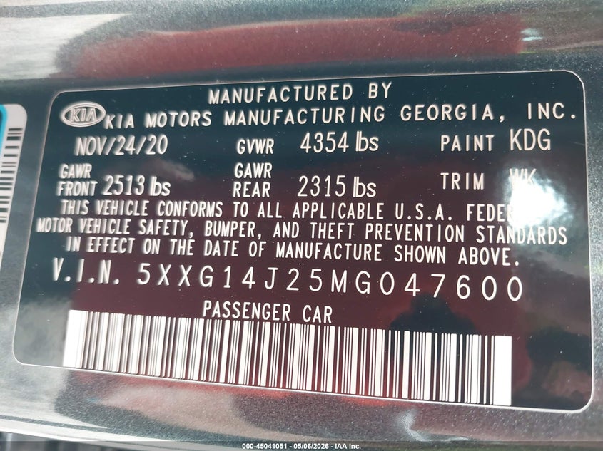 2021 Kia K5 Lxs VIN: 5XXG14J25MG047600 Lot: 45041051