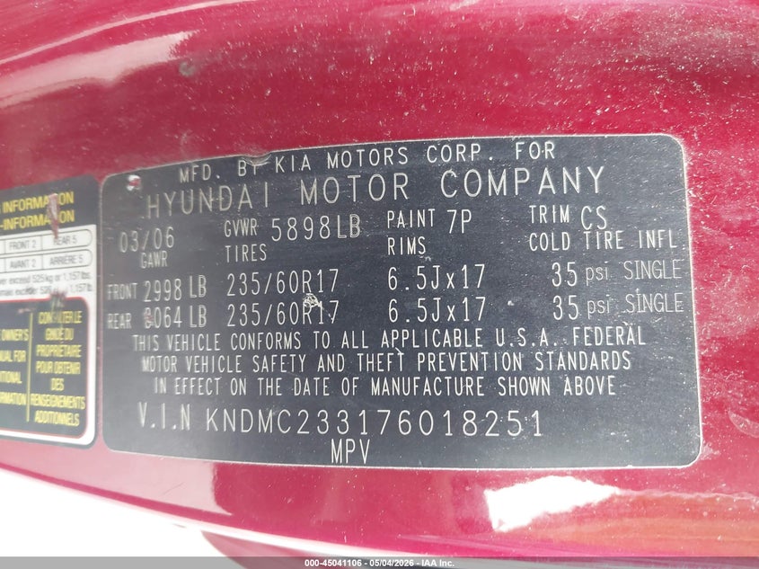 2007 Hyundai Entourage Gls/Limited/Se VIN: KNDMC233176018251 Lot: 45041106