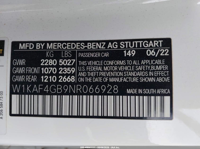 2022 Mercedes-Benz C 300 Sedan VIN: W1KAF4GB9NR066928 Lot: 45041111