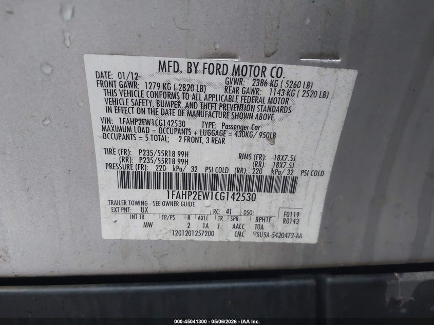 1FAHP2EW1CG142530 2012 Ford Taurus 3.5 Sel silver