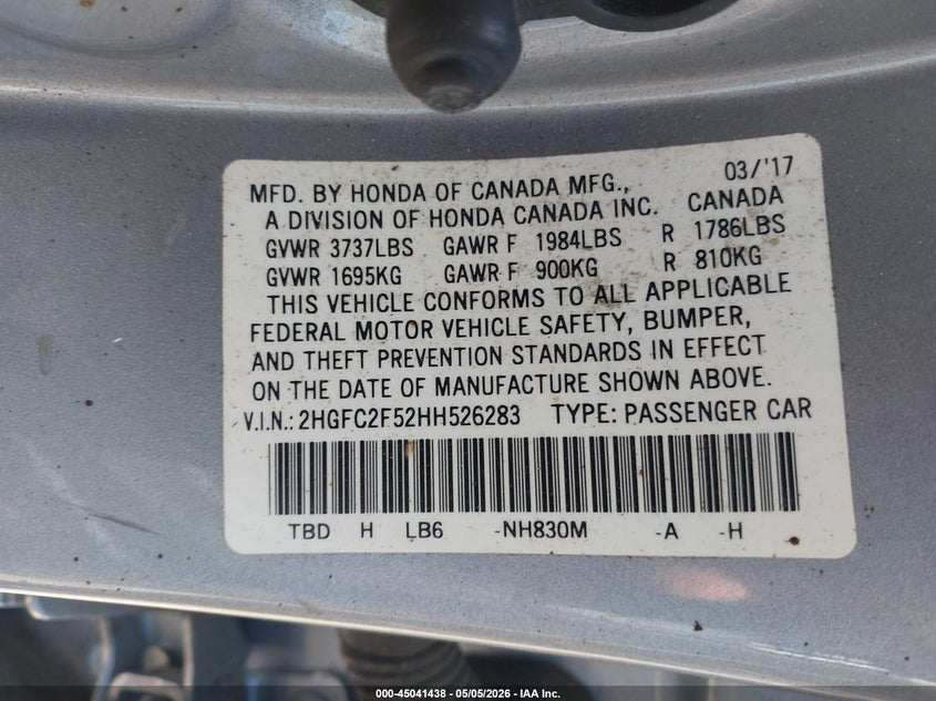 VIN 2HGFC2F52HH526283 2017 HONDA CIVIC LX