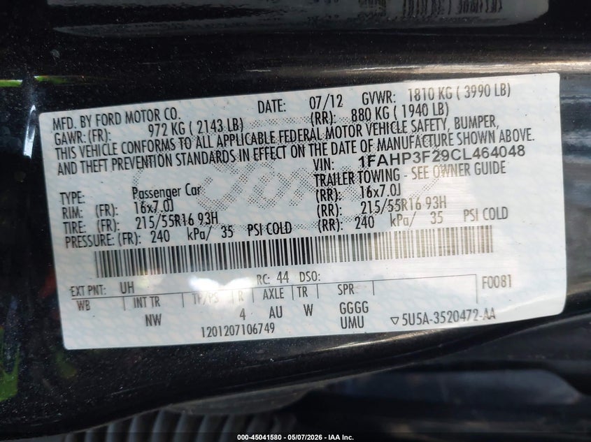 2012 Ford Focus 2.0 Se black Lot 111045041580 Vin 1FAHP3F29CL464048