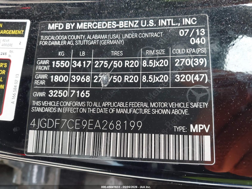 2014 Mercedes-Benz Gl 450 4Matic VIN: 4JGDF7CE9EA268199 Lot: 45041633