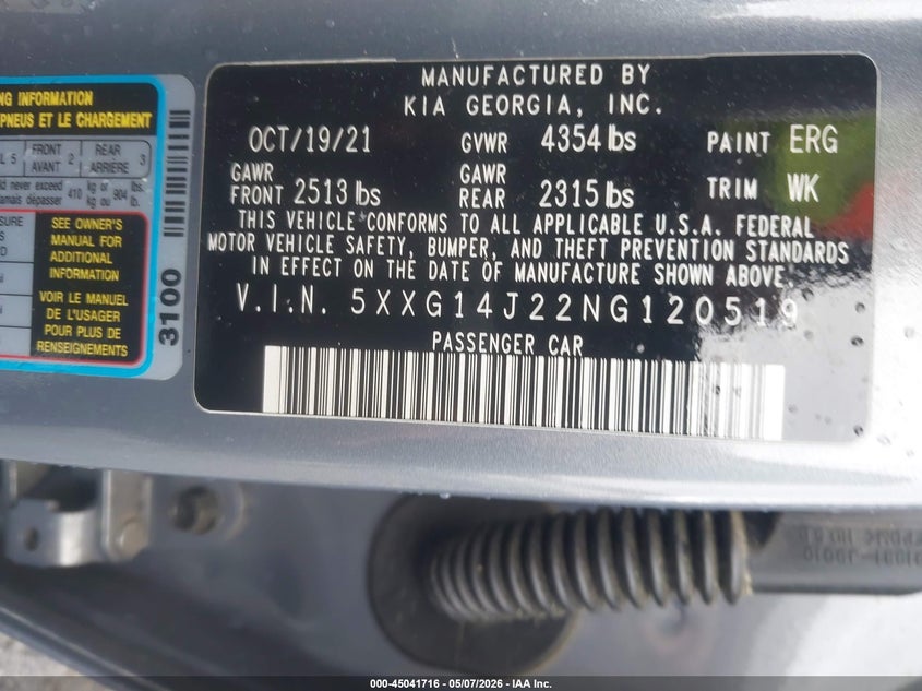 KIA K5 2022 VIN 5XXG14J22NG120519