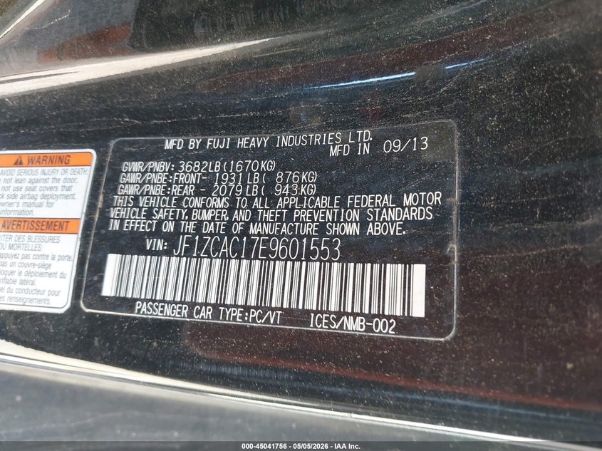 2014 Subaru Brz Limited VIN: JF1ZCAC17E9601553 Lot: 45041756