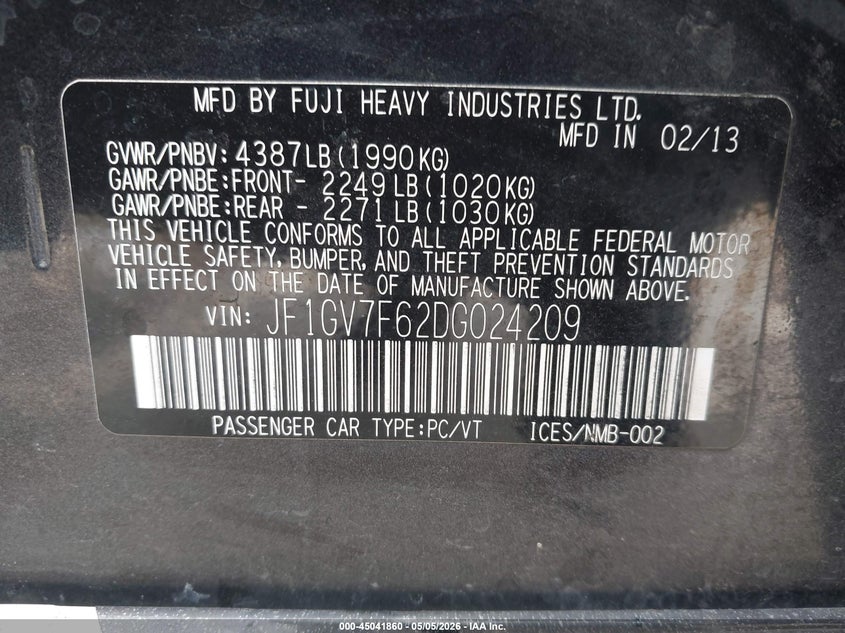2013 Subaru Impreza Wrx Limited VIN: JF1GV7F62DG024209 Lot: 45041860