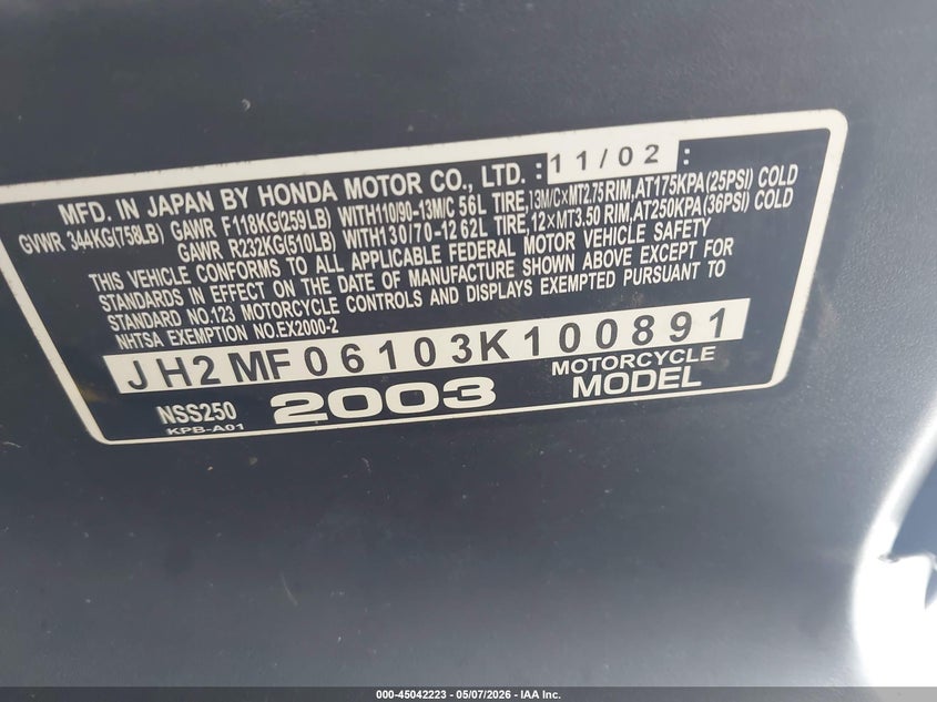 2003 Honda Nss250 VIN: JH2MF06103K100891 Lot: 45042223