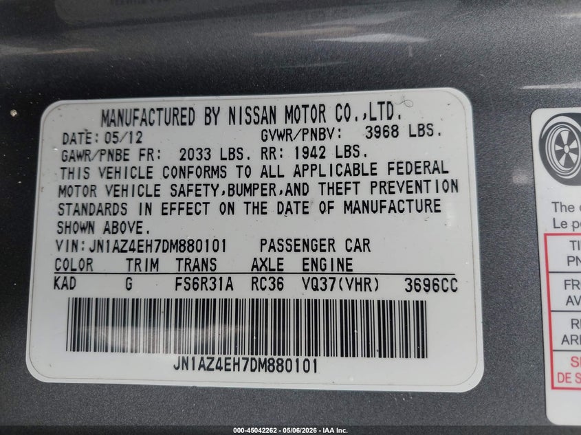 2013 Nissan 370Z Nismo VIN: JN1AZ4EH7DM880101 Lot: 45042262