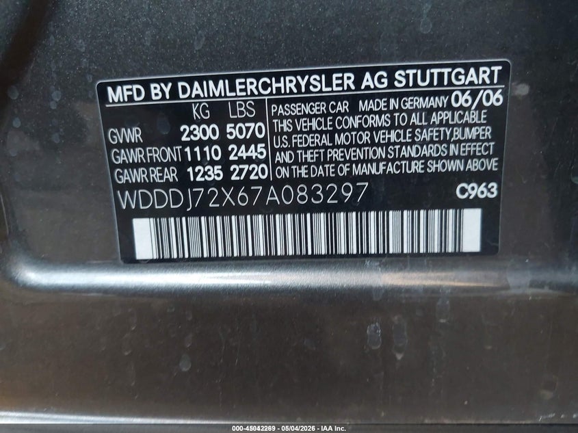 2007 Mercedes-Benz Cls 550 VIN: WDDDJ72X67A083297 Lot: 45042269