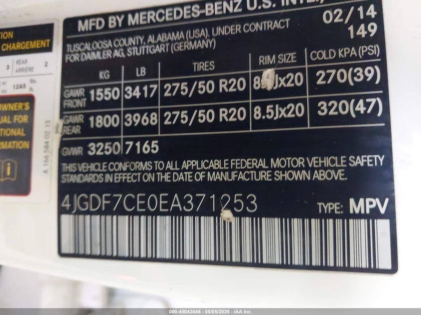 2014 Mercedes-Benz Gl 450 4Matic VIN: 4JGDF7CE0EA371253 Lot: 45042446