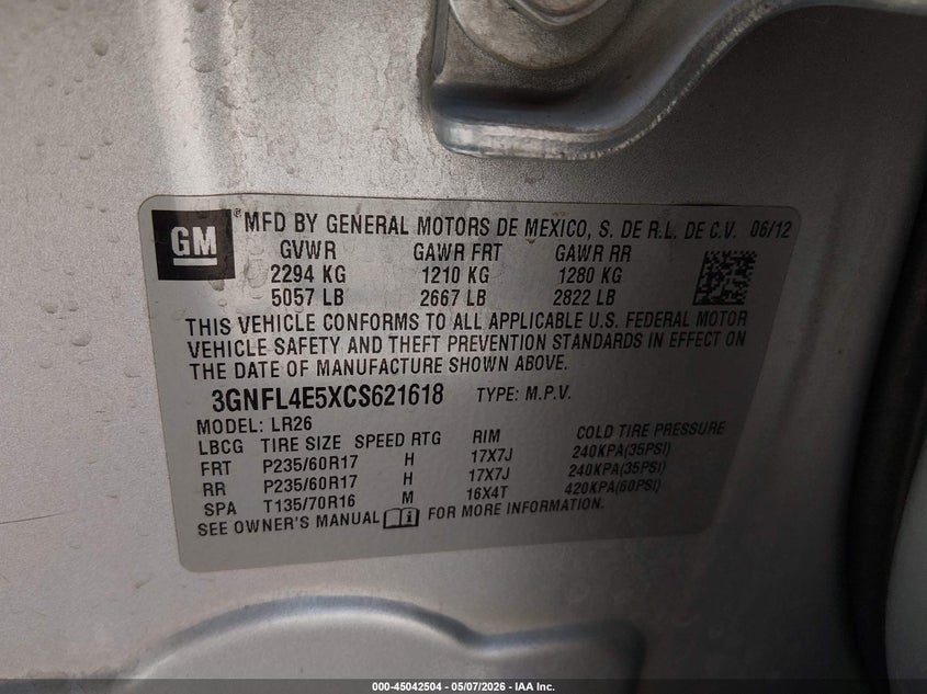 2012 Chevrolet Captiva Sport Ltz VIN: 3GNFL4E5XCS621618 Lot: 45042504