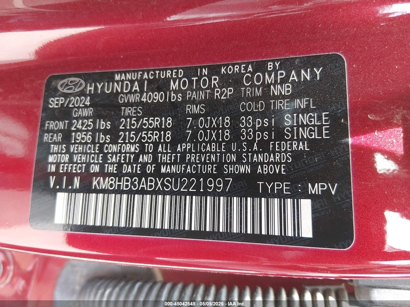 VIN KM8HB3ABXSU221997 2025 HYUNDAI KONA SEL