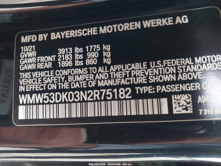 2022 Mini Hardtop Cooper S VIN: WMW53DK03N2R75182 Lot: 45042558