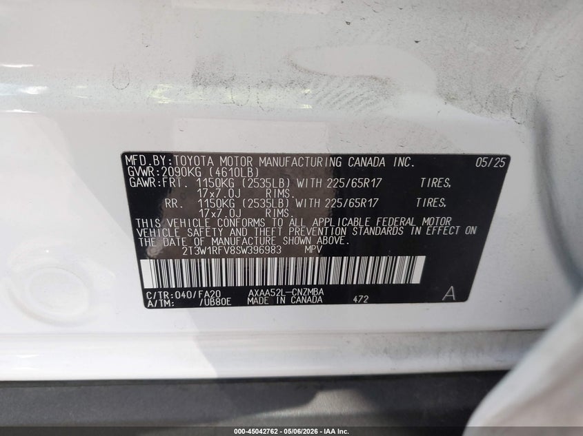 VIN 2T3W1RFV8SW396983 2025 TOYOTA RAV4 XLE