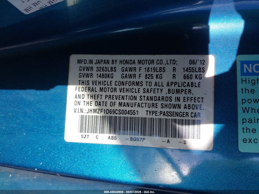 2012 Honda Cr-Z Ex VIN: JHMZF1D69CS004551 Lot: 45042986