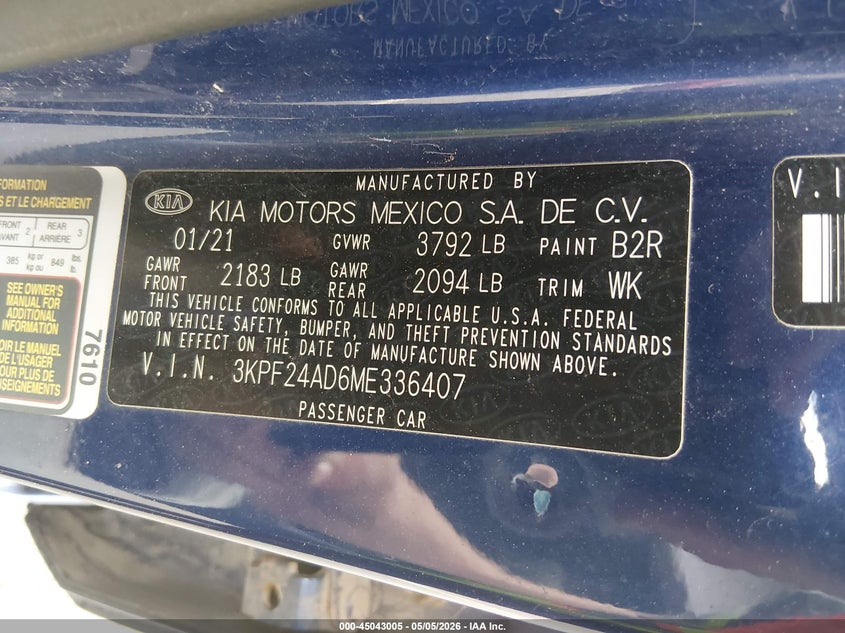 VIN 3KPF24AD6ME336407 2021 KIA FORTE LXS