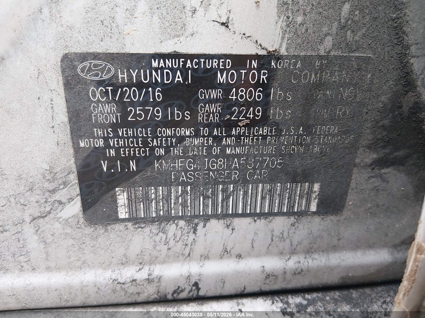 2017 Hyundai Azera VIN: KMHFG4JG8HA587705 Lot: 45043038
