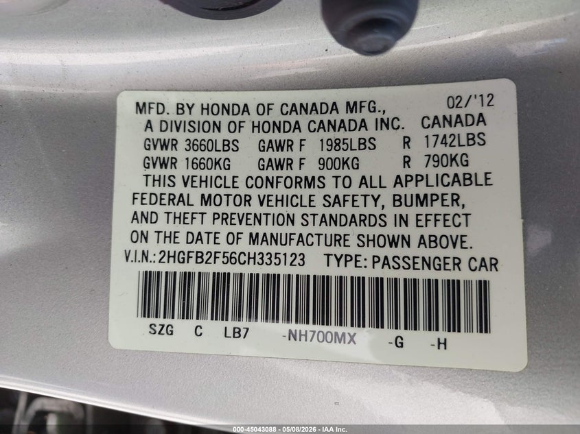 2012 Honda Civic 1.8 Lx Silver Lot 111045043088 Vin 2HGFB2F56CH335123
