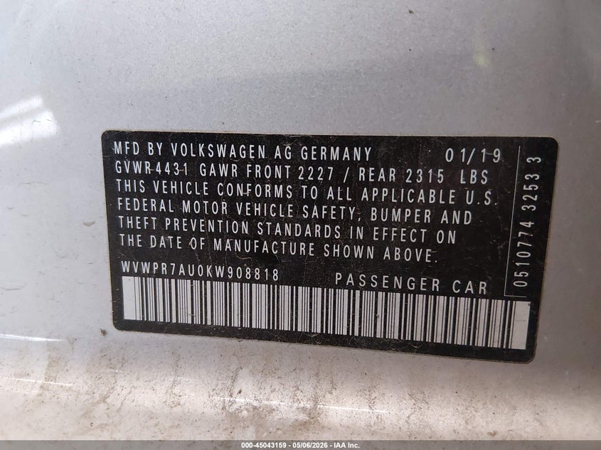 2019 Volkswagen E-Golf Sel Premium VIN: WVWPR7AU0KW908818 Lot: 45043159