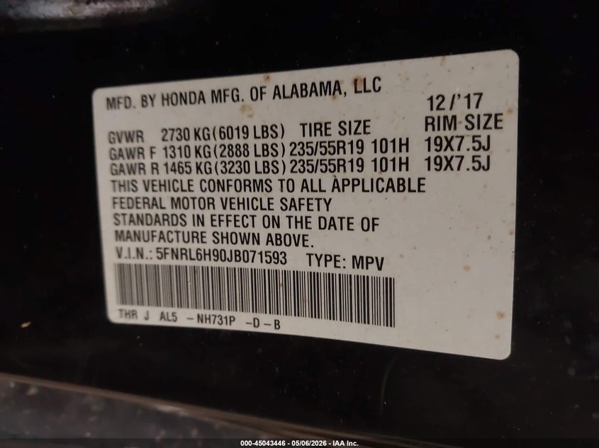 VIN 5FNRL6H90JB071593 2018 HONDA ODYSSEY ELITE