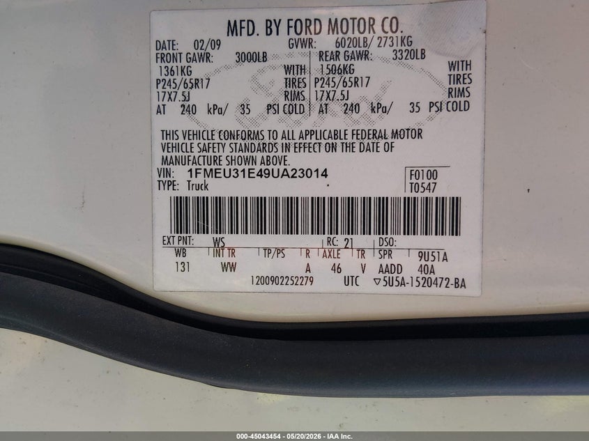 2009 Ford Explorer Sport Trac Xlt VIN: 1FMEU31E49UA23014 Lot: 45043454