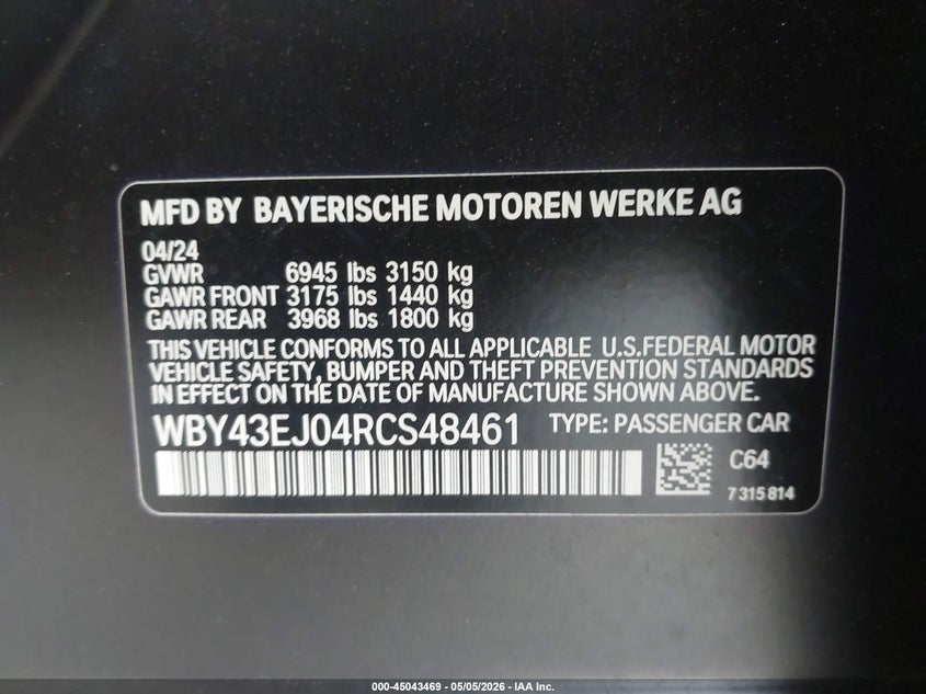 2024 BMW I7 Edrive50 VIN: WBY43EJ04RCS48461 Lot: 45043469