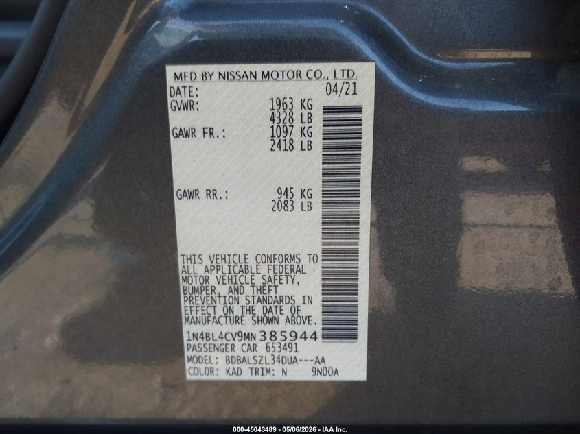 VIN 1N4BL4CV9MN385944 2021 NISSAN ALTIMA SR FWD
