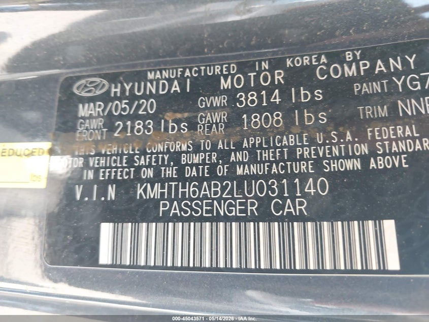 2020 Hyundai Veloster Turbo R-Spec VIN: KMHTH6AB2LU031140 Lot: 45043571