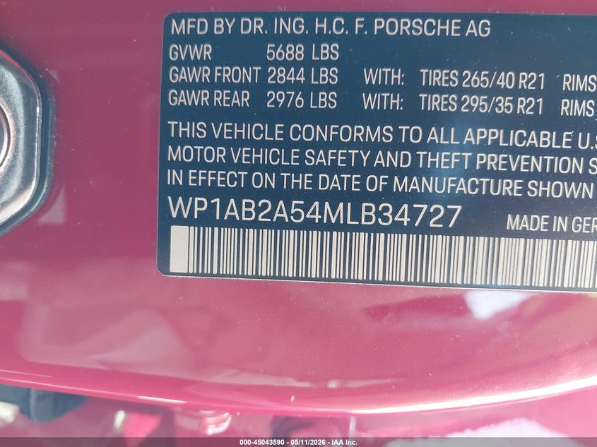 2021 Porsche Macan S VIN: WP1AB2A54MLB34727 Lot: 45043590