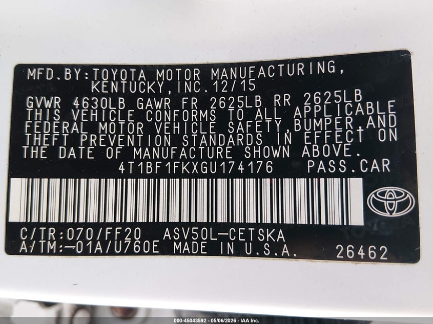 2016 TOYOTA CAMRY SEDAN 2.5L I-4 DOHC, VVT, 178HP
